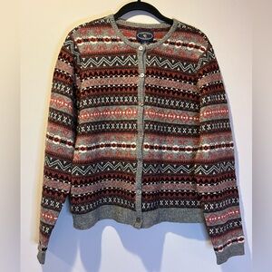 Chelsea Cambell Sweater Women M Red Gray Wool Cardigan Mother Pearl Southwestern